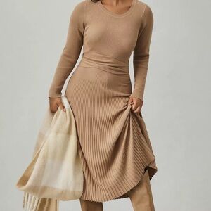 By Anthropologie Slim Knit Long-Sleeve Ruched-Waist Pleated Midi Dress